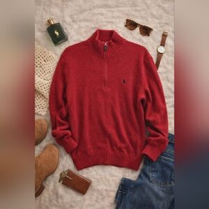 Polo Ralph Lauren Red 1/4 Zip Long Sleeve Pull Over Classic Sweater. Mens Sz Sm